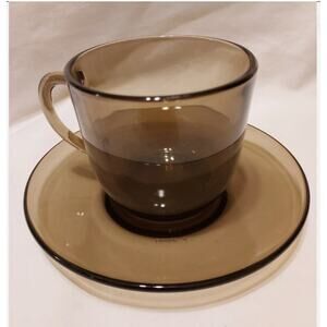 Vintage MCM 60s Dishes France Vereco Smokey Glass Cup And Saucer